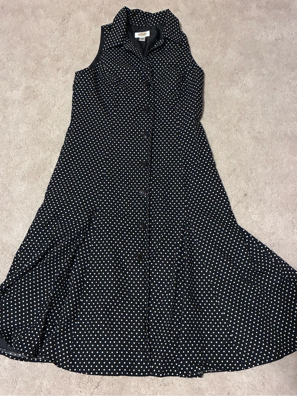 Sleeveless Black Polka Dot Button-Front 90s Dress